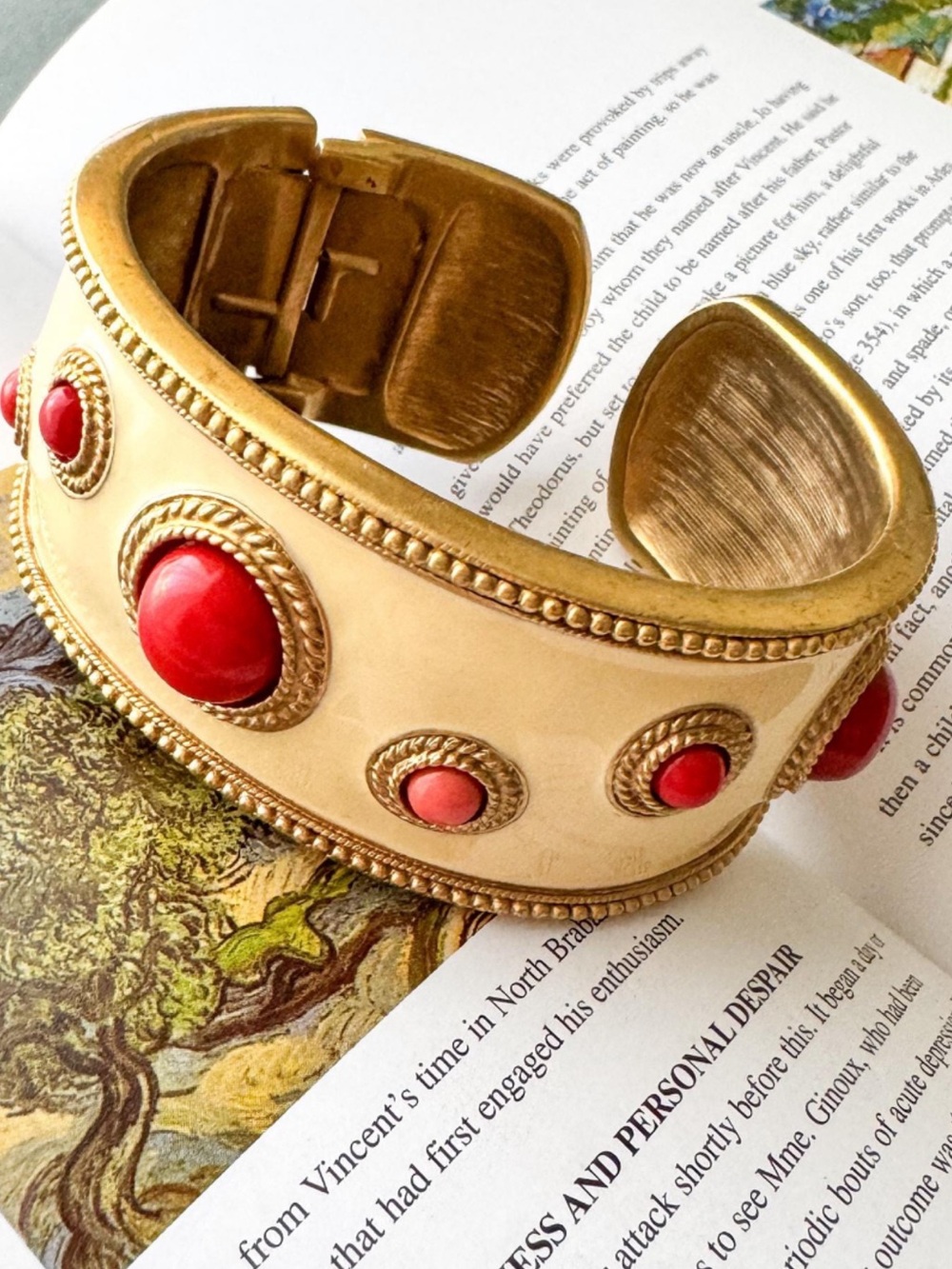 VINTAGE Kenneth Jay Lane Cream and Coral Red Gold-Tone Cuff Bracelet